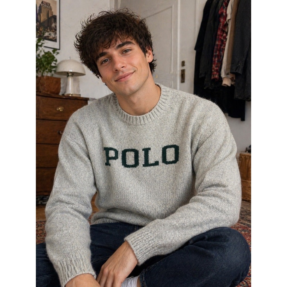 Preppy Polo Ralph Lauren Mens Gray Wool Blend Coastal Logo Crewneck Sweater L